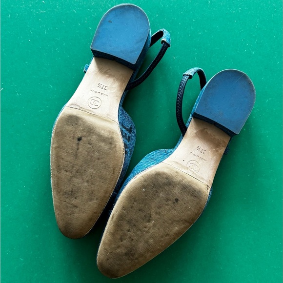 Chanel Denim light blue Shoes 22S Slingback Flat with Colorful Logos 37.5- 7.5 - Picture 7 of 8